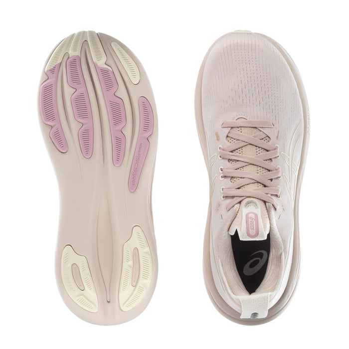 Women's running shoes outsole and interior, light beige with pink and light-green details