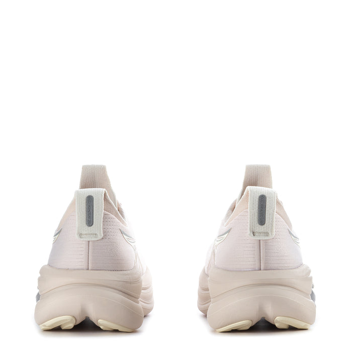 Women's running shoes heel view, light beige/cream, pull tab and cushioned sole