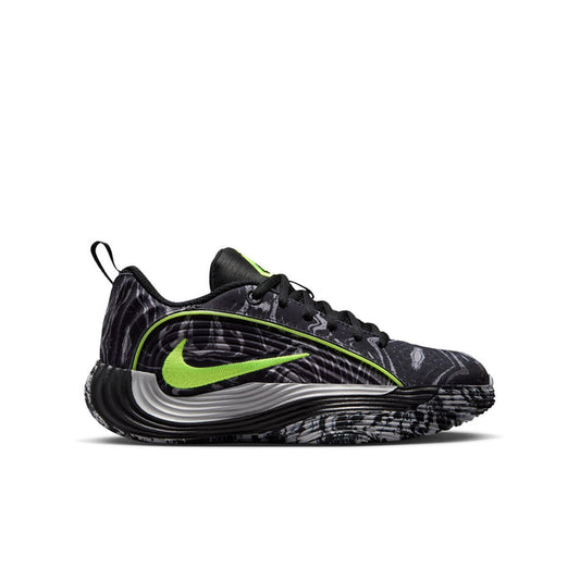 Youth black running shoes with volt-green swoosh and patterned gray outsole