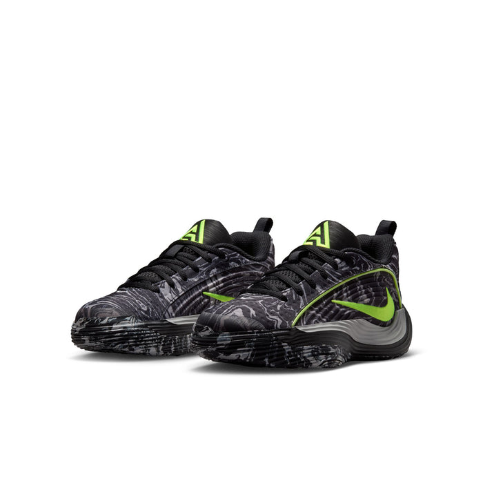 Youth black running shoes with volt-green accents and sculpted gray cushioning