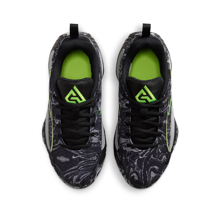 Youth black sneakers with volt-green tongue logo and lace-up front