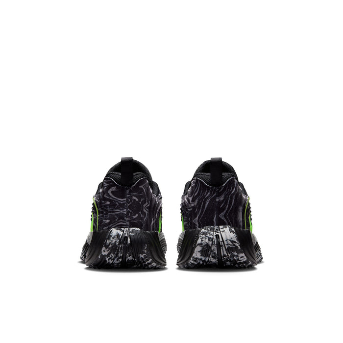Youth black running shoes with patterned heel and volt-green side stripe