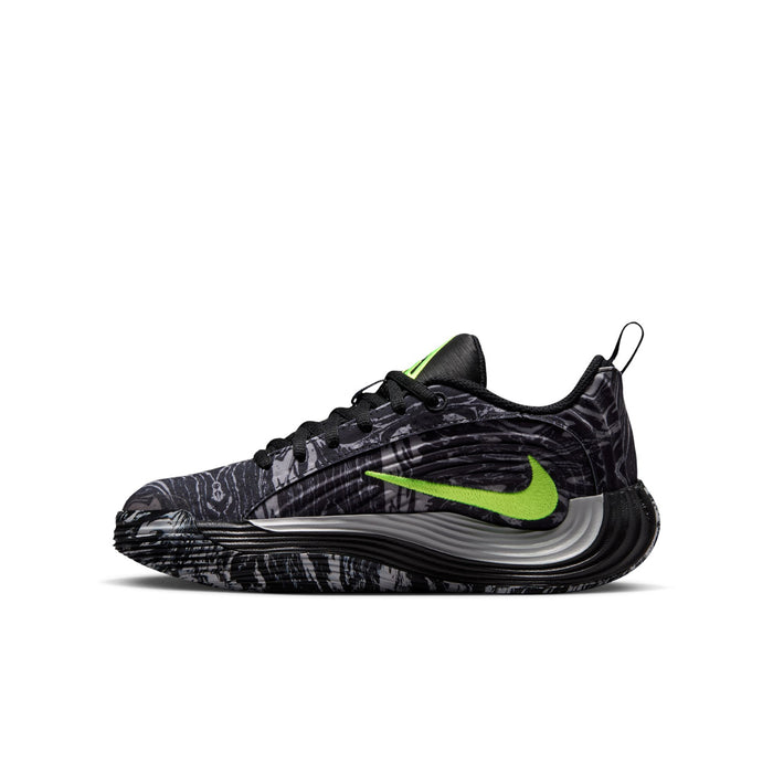 Youth black running shoes with volt-green swoosh and light-gray curved midsole