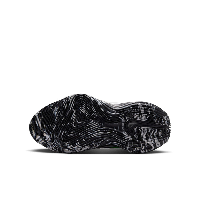 Youth black running shoes showing patterned sole with light-gray cushioning ridges