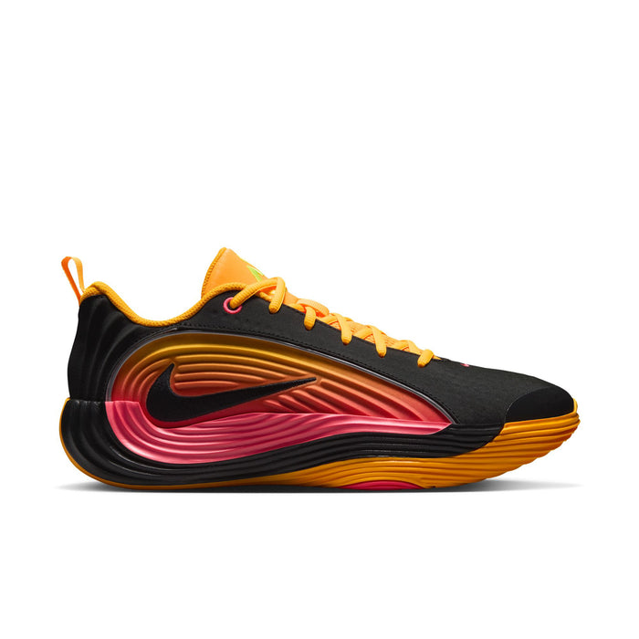 Men's basketball shoe, black upper with orange laces and red-orange swoosh