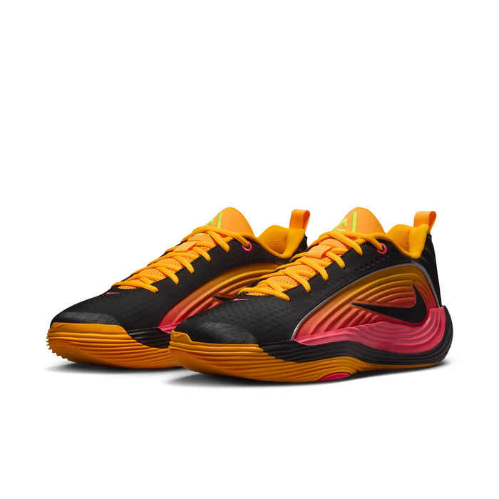 Men's basketball shoe pair, black with orange laces and pink-red curved overlays