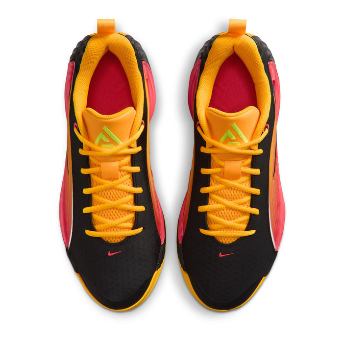 Men's basketball shoe, orange interior lining and lace-up front on black upper
