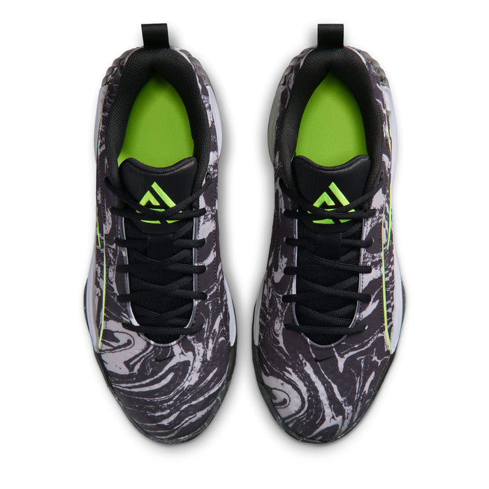 Pair of black mens running shoes with neon green insoles and lace-up front