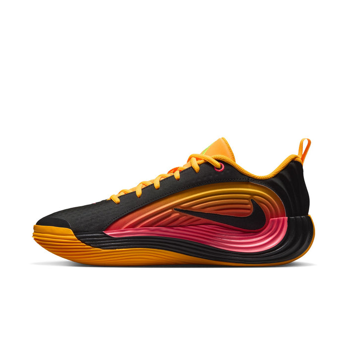 Men's basketball shoe, black upper with orange trim, red swoosh panel and ribbed sole
