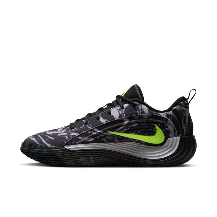 Mens running shoe in black with camo pattern, volt green stripe and Swoosh