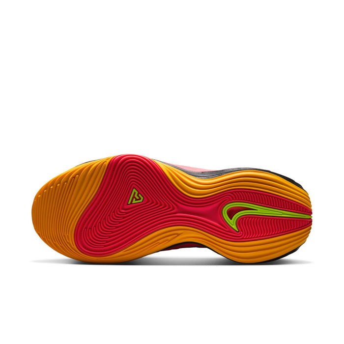 Men's basketball shoe outsole, ribbed multi-color tread with green and pink accents