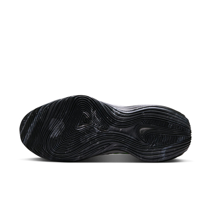 Black mens running shoe outsole with textured traction pattern and curved grooves