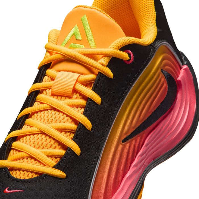 Men's basketball shoe lace-up, orange laces on black upper with pink-yellow side stripe