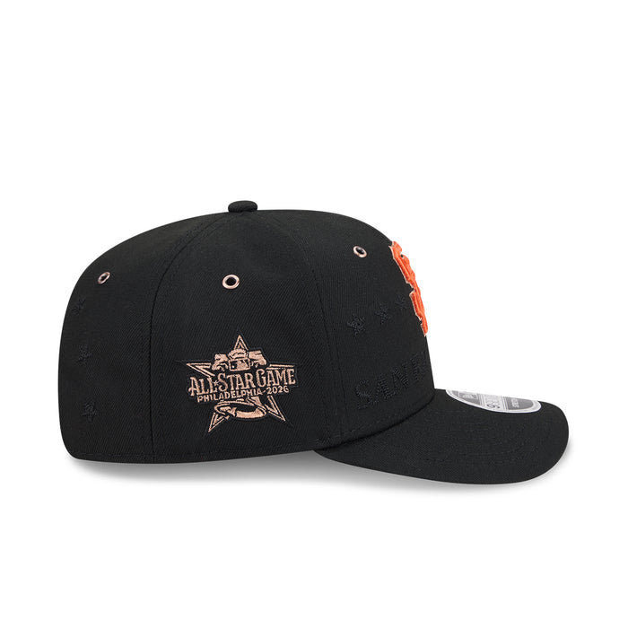 Black baseball cap with All-Star Game Philadelphia 2023 logo and orange side trim.