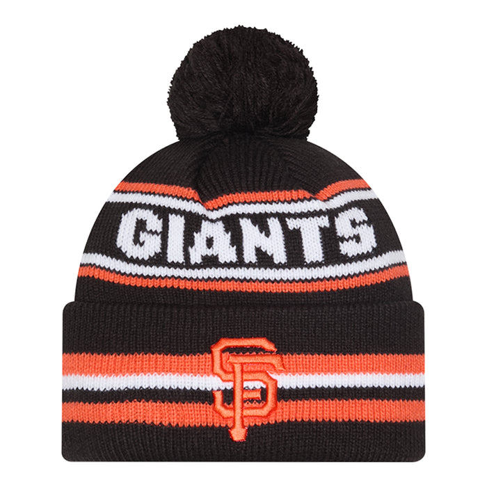 Black knit beanie with pom-pom, orange and white stripes, front Giants logo patch