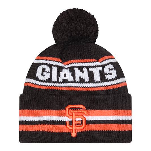 Black knit beanie with pom-pom, orange and white stripes, front Giants logo patch