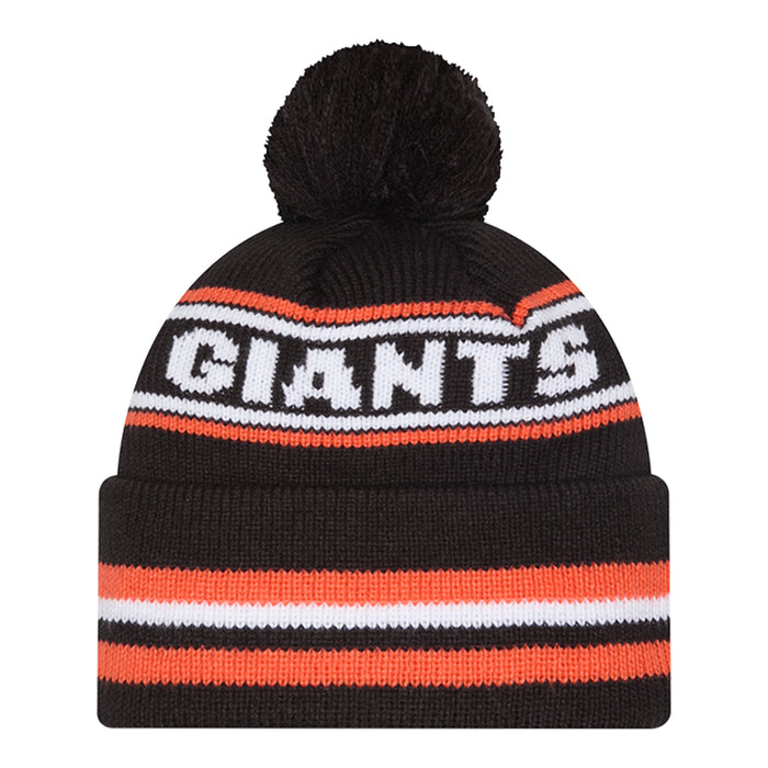 Black knit beanie with pom-pom, orange and white stripes, Giants wordmark