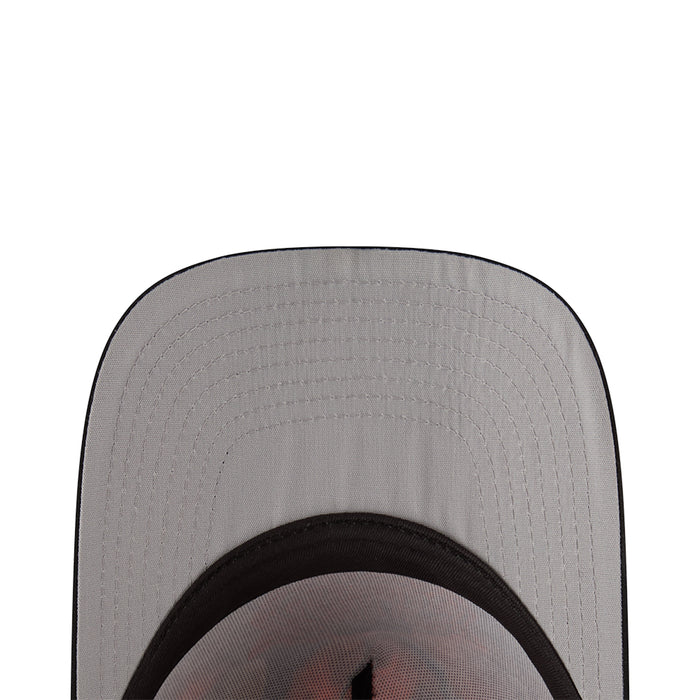 A-frame cap close-up: light gray fabric with stitched pattern and black interior band