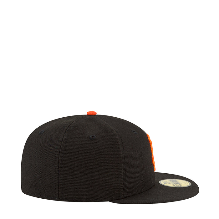 Black baseball cap side profile with orange accent stitch and flat brim