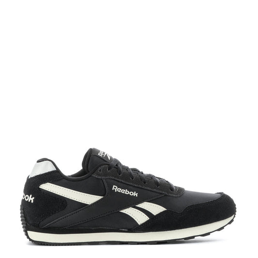 Women's black low-top sneakers with white Reebok stripes and lace-up front