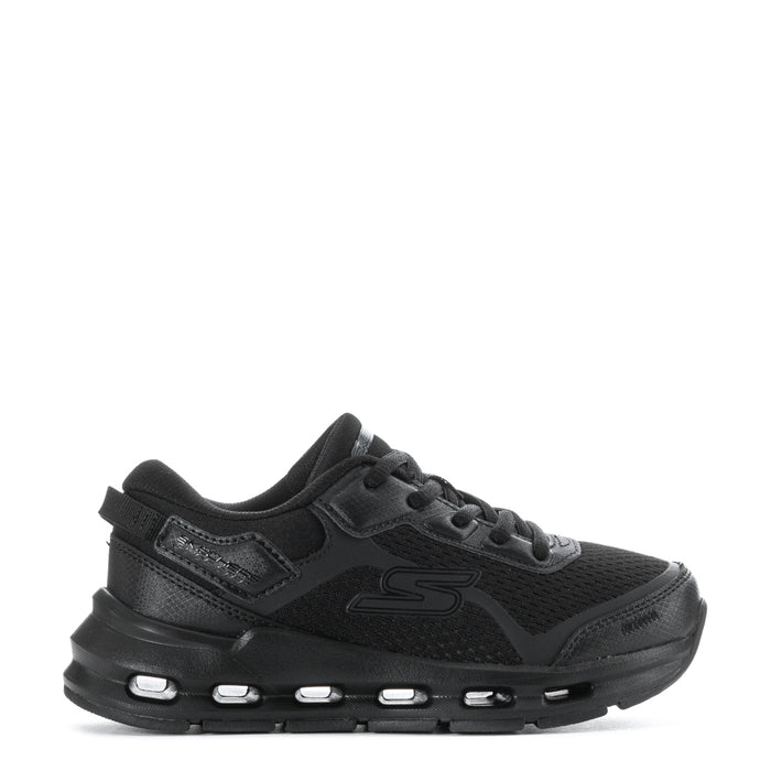 Black kids lace-up sneakers, mesh upper, side logo, chunky cushioned sole