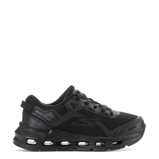 Black kids lace-up sneakers, mesh upper, side logo, chunky cushioned sole
