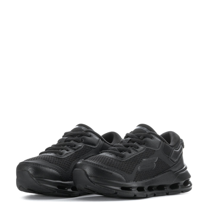Black kids sneakers pair, lace-up mesh design with cushioned midsole pods