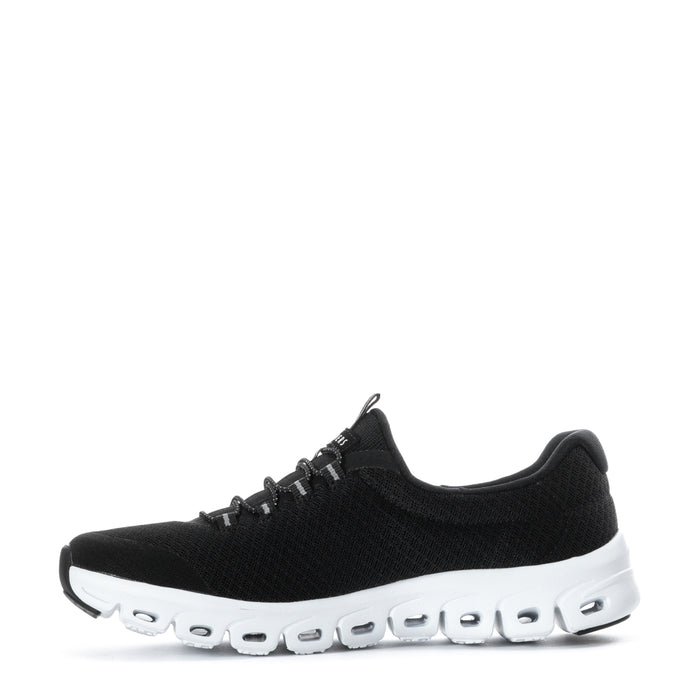 Black knit lace-up women's sneakers with white pod-style midsole and rounded toe