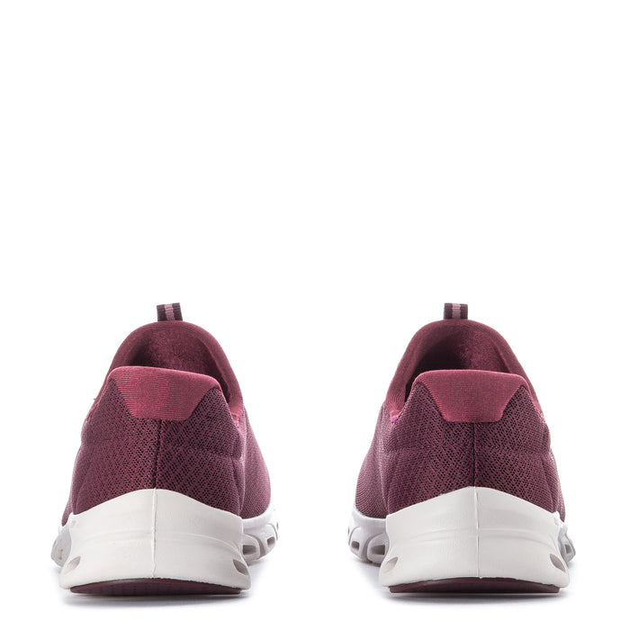 Burgundy knit lace-up shoe with rear heel view and white midsole