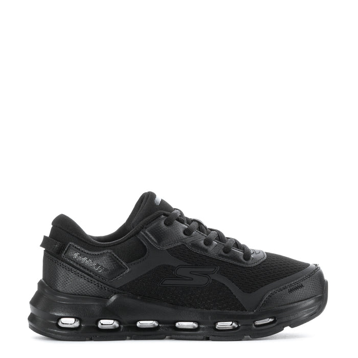 Black youth lace-up running shoe with cushioned sole and side logo detail