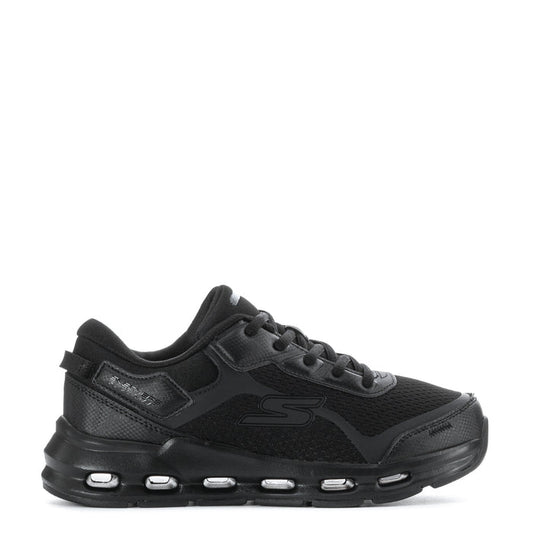 Black youth lace-up running shoe with cushioned sole and side logo detail
