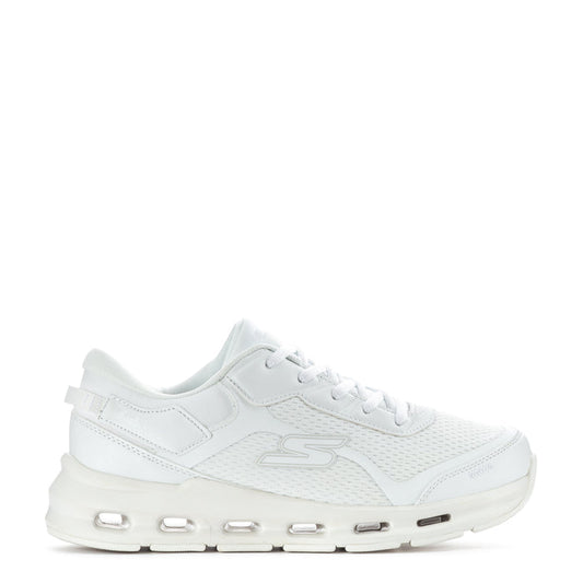 White youth lace-up sneakers with synthetic overlays, mesh texture, and cushioned midsole