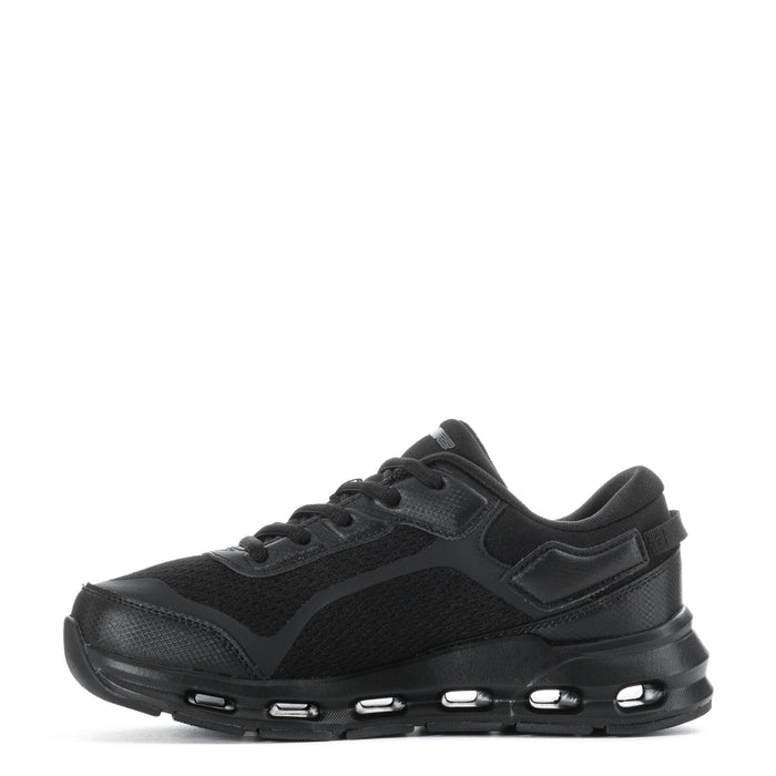 Black youth lace-up sneaker with mesh-like upper and comfort cushioning pods