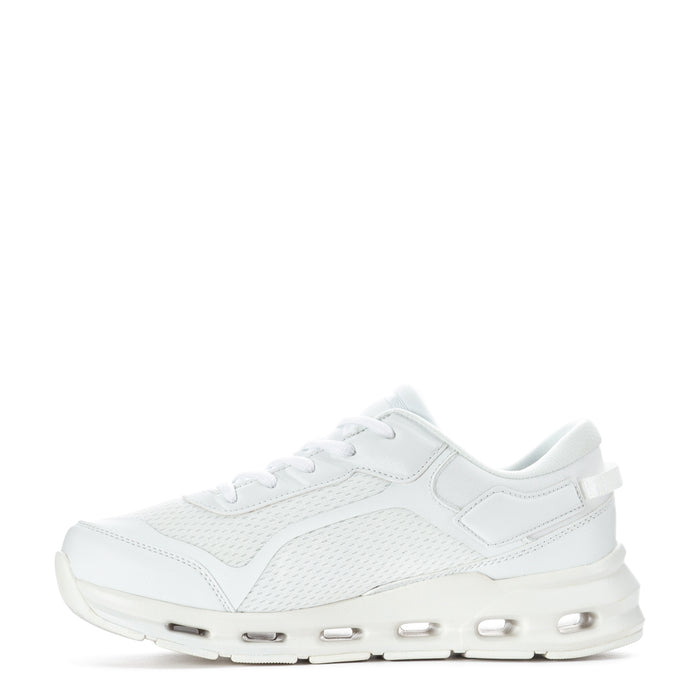 White youth lace-up sneakers with mesh upper and cushioned, segmented rubber outsole