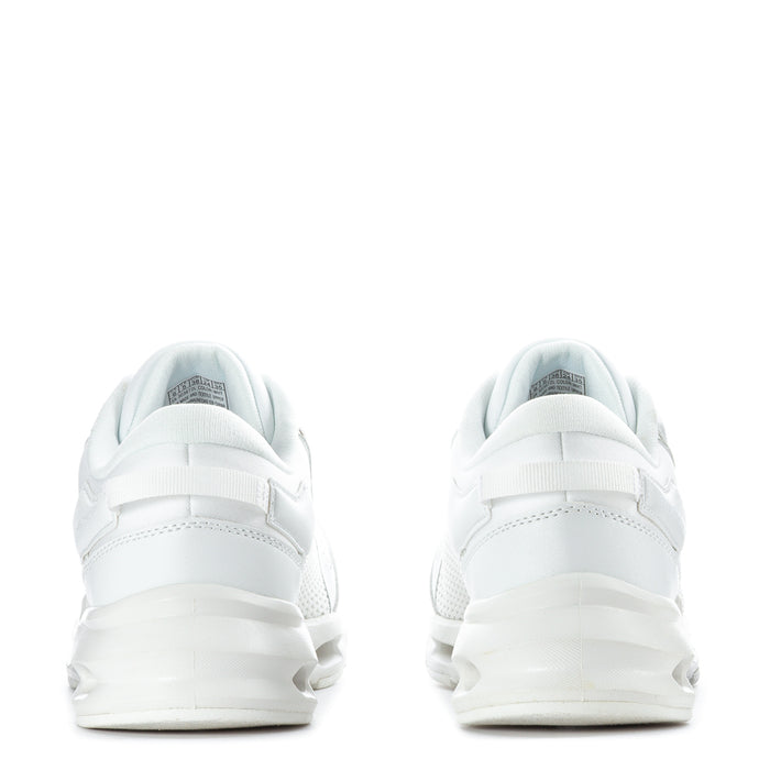 White youth lace-up sneakers shown from the back with padded heel collar and rubber sole