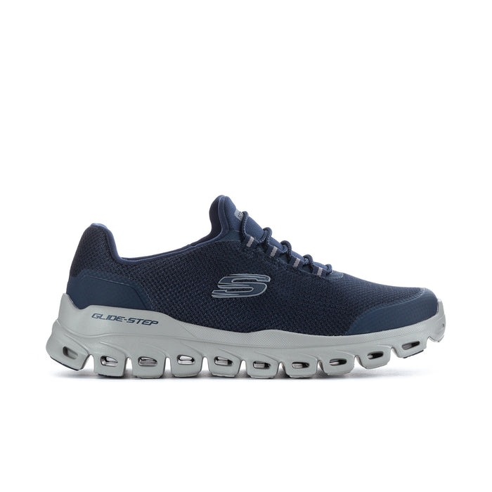 Men's navy knit sneaker with white/gray pod sole and Skechers logo