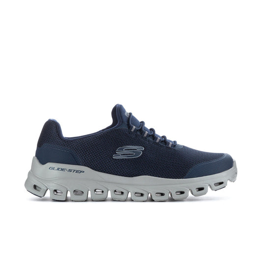 Men's navy knit sneaker with white/gray pod sole and Skechers logo