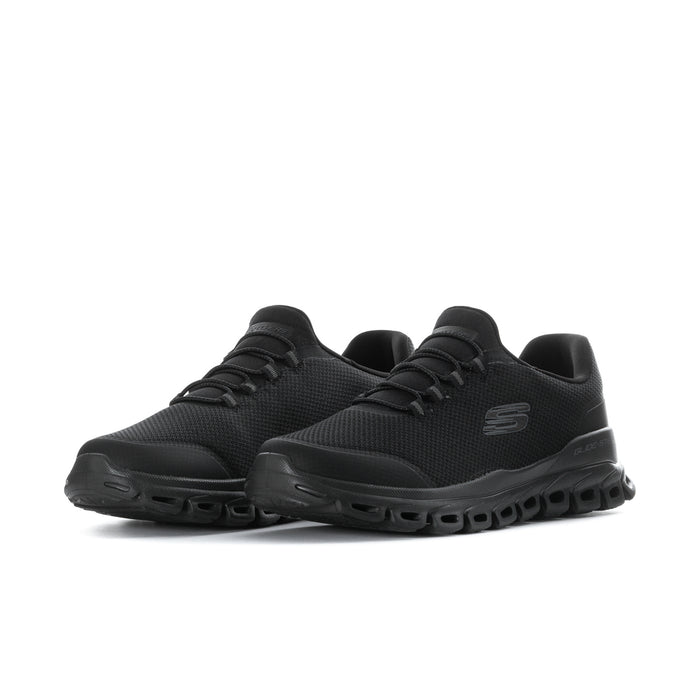 Men's black wide lace-up knit sneakers, side-by-side angled view