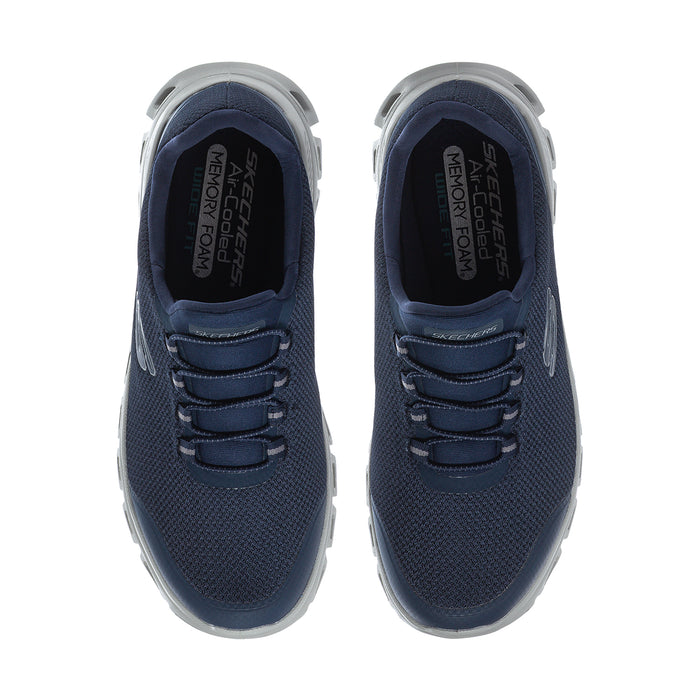 Pair of navy lace-up sneakers with padded collar and text-lined interior