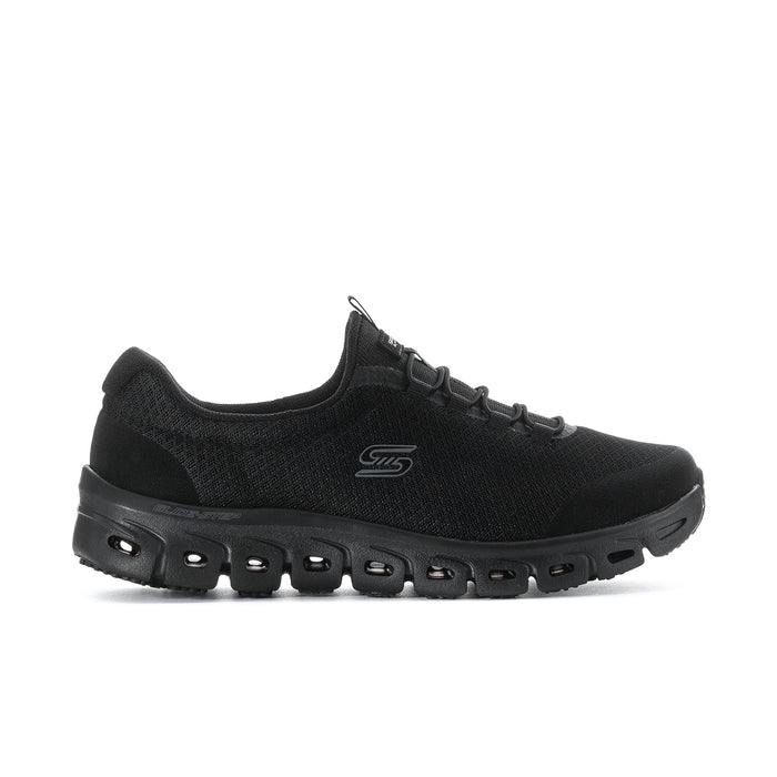 Women's black slip-resistant wide sneakers, side view with S logo and laces