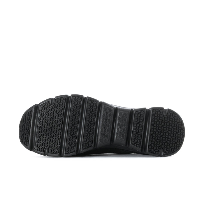 Women's black slip-resistant wide sneakers, treaded rubber outsole underside