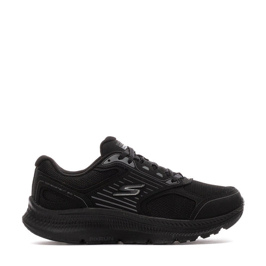 Black women's running shoe with lace-up design and textured mesh upper