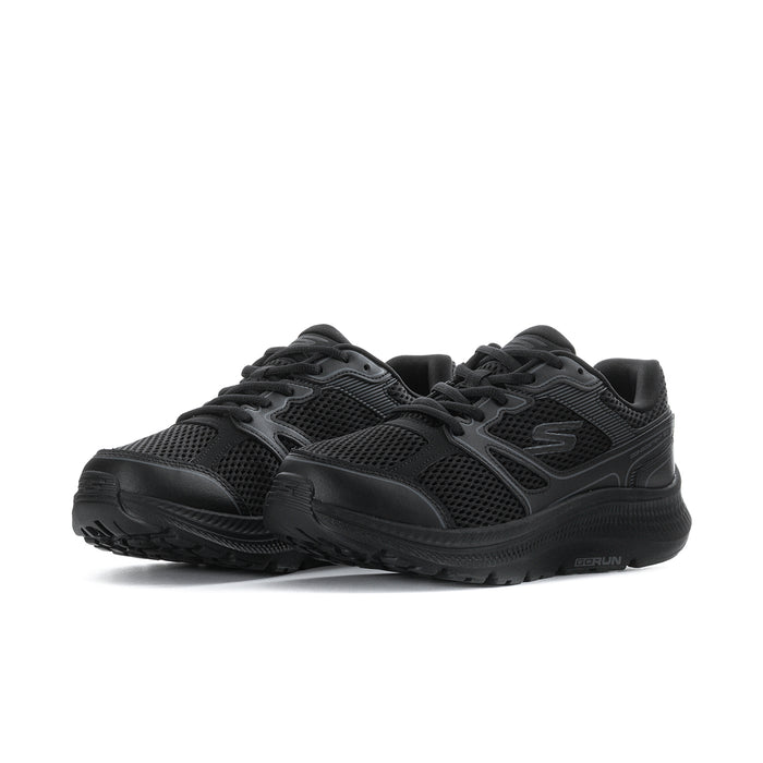 Pair of women's black wide running shoes with layered mesh panels and laces