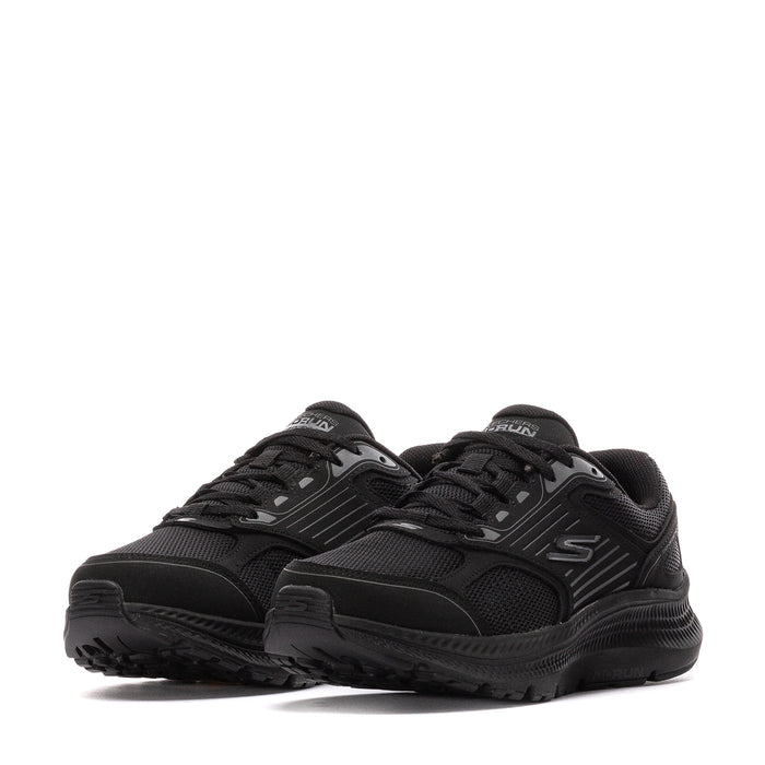 Black women's running shoes toe-forward view with mesh panels and laces
