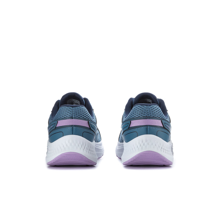 Women’s wide running shoes from heel view with teal back panels and lavender detail