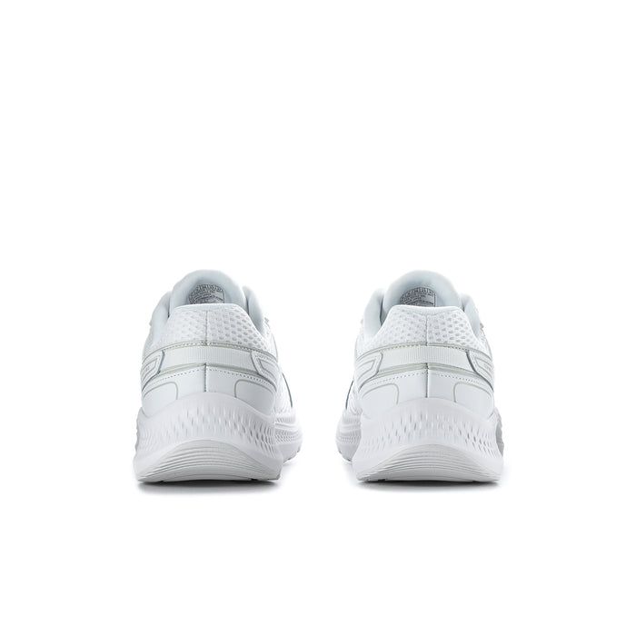 White women's wide running sneakers, back view with padded heel and lace closure