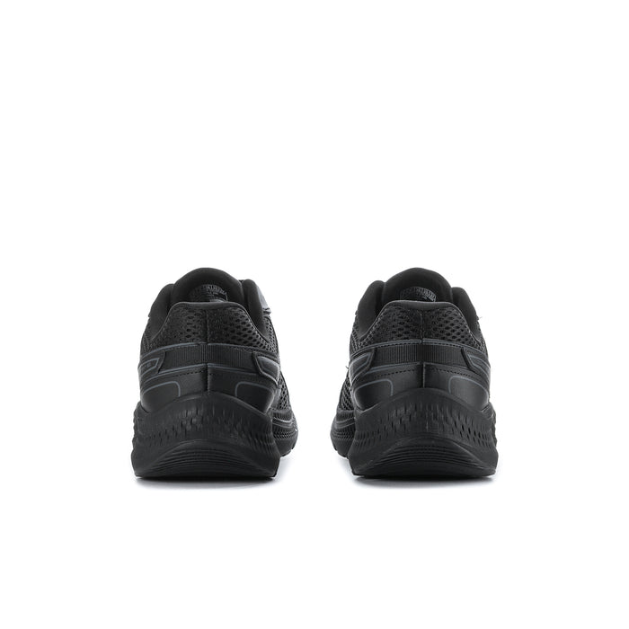 Women's black wide running shoes, rear view with padded heel and lace-up