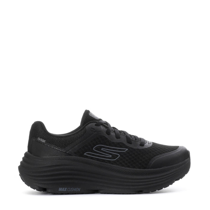 Black women's running sneaker with lace-up knit upper and chunky Max Cushion sole