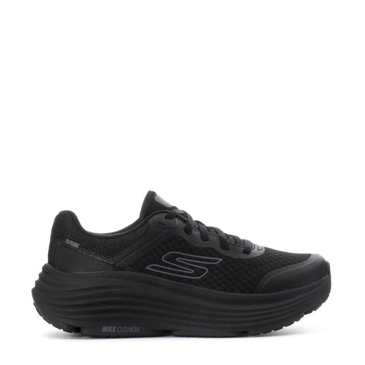 Black women's running sneaker with lace-up knit upper and chunky Max Cushion sole