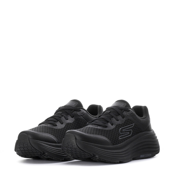 Black women's running sneakers, toe and side view, lace-up upper with textured sole